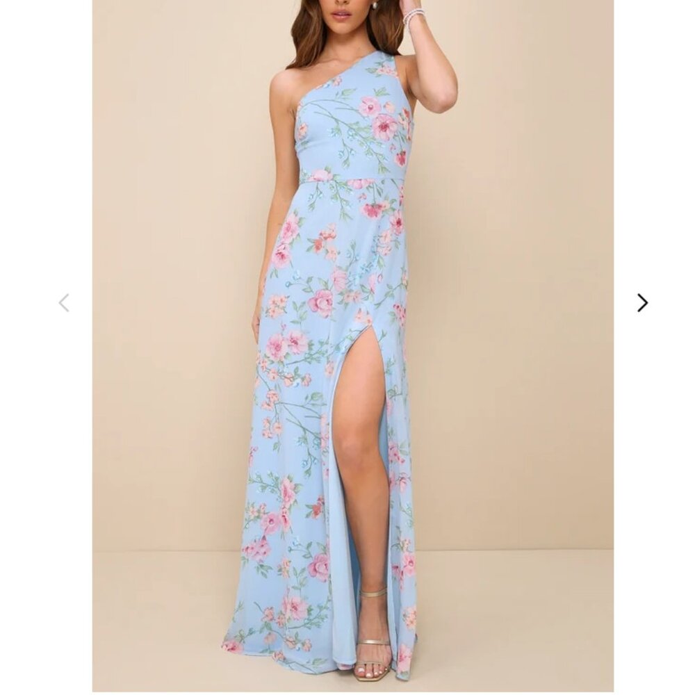 Elegant Admiration Light Blue Floral One-Shoulder Maxi Dress